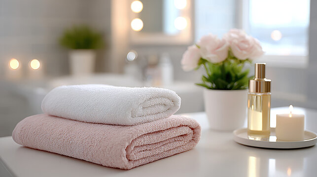 Soft pink and white towels with beauty products on spa table next to candle and flowers