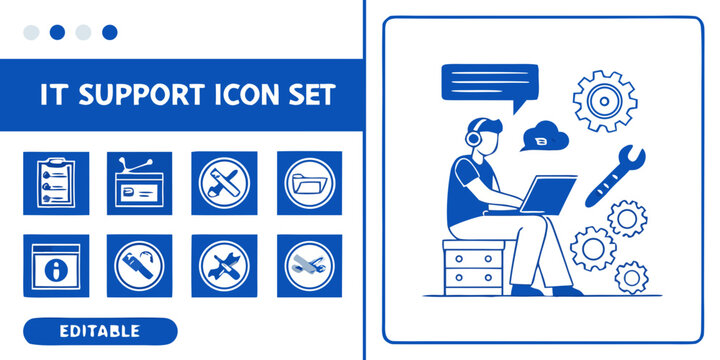 IT Support Icon Set: Editable vector illustrations for technical assistance and online help services. Set of flat line icons for IT services, including support, settings, and repair symbols. 