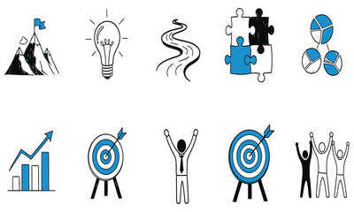 Business Goal Achievement Icons Success, Strategy, and Teamwork