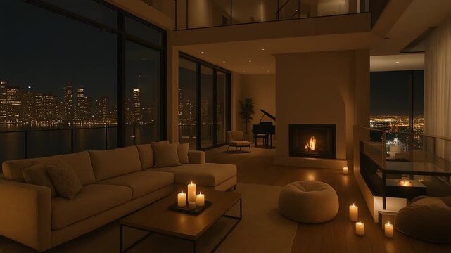 Luxurious open-plan penthouse living room with panoramic city views, modern fireplace, grand piano, and cozy candlelit seating at night.