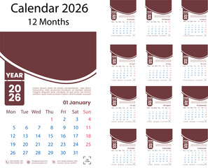calendar  2026 year, schedule month calender, organizer template. Week starts on Monday. Business personal page for Spain. Modern simple dairy. Vector illustration