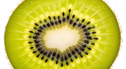 Close up macro shot of a vibrant green kiwi fruit slice showing intricate seed pattern and texture