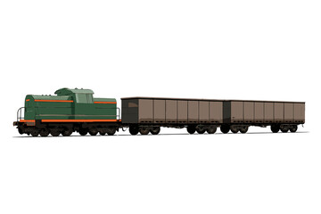 Obraz premium Green diesel shunting locomotive pulling two closed brown freight railway wagons
