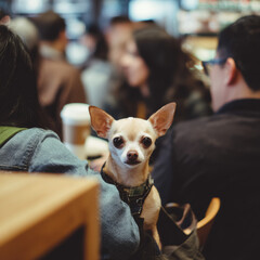 Chihuahua dog looking curiously in a busy cafe