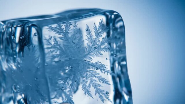 A close-up showcases a clear ice cube with intricate, crystallized patterns, featuring small bubbles suspended within. The background is a soft blue gradient