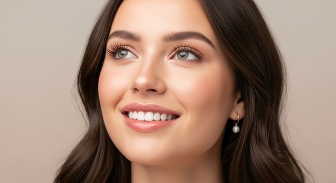 Smiling young caucasian female with long brown hair and pearl earring. Portrait with copy space for inscription