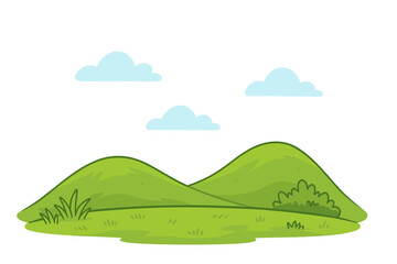 Fototapeta premium Simple cartoon landscape featuring rolling green hills, fluffy blue clouds, and bright sunshine