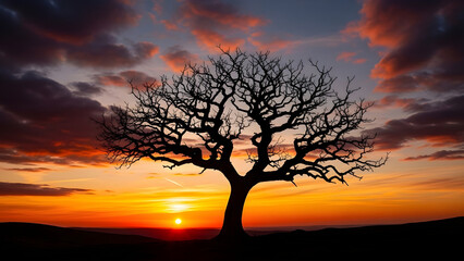 Silhouette of a bare tree against a vibrant sunset sky