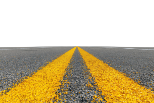 Asphalt road with yellow double lines receding into black void street highway, Isolated On Transparent Background, Png Cut Out