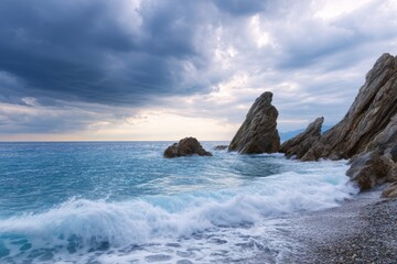 Majestic rocky coastline with dramatic sky and waves. Backdrop with copy space for inscription