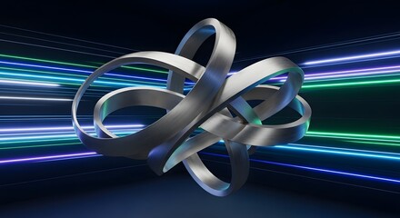 Abstract metallic sculpture with flowing luminous light trails in a dark futuristic digital environment