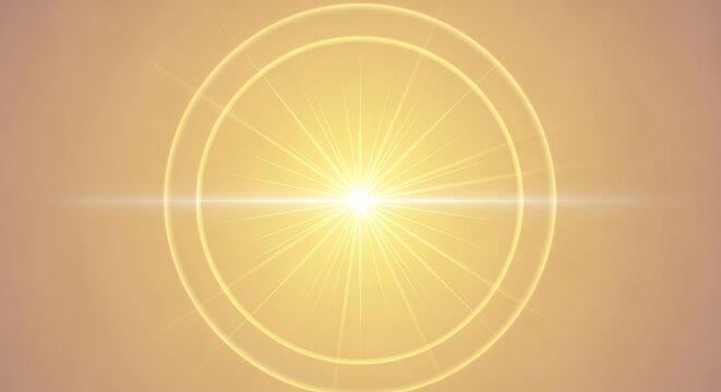 Golden light burst with lens flare and circles abstract background for bright illumination and glow effect
