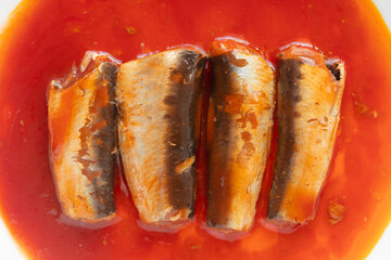 Sardine fish in tomato sauce. Top view