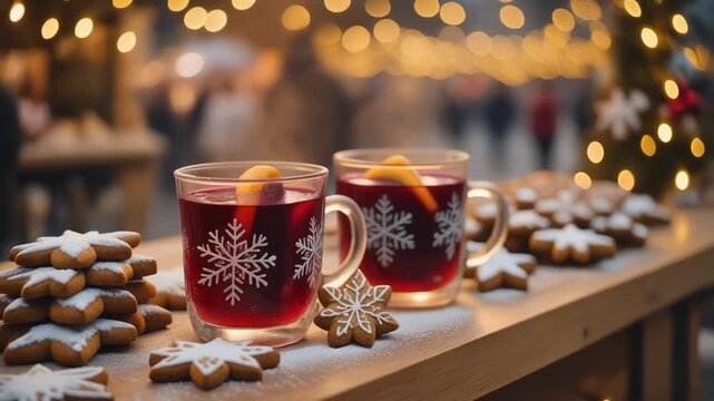 Two festive glass mugs filled with steaming mulled wine sit on a wooden stall counter surrounded by Christmas lights, gingerbread cookies, and a cozy holiday market atmosphere.