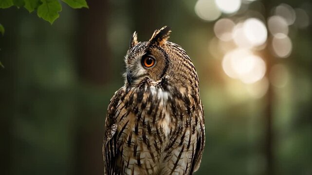 Majestic Long Eared Owl Perched on Mossy Branch in Enchanted Forest.