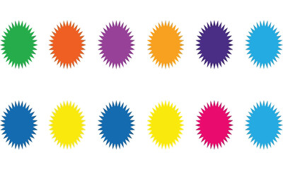 Set of twelve colorful starburst sticker shapes. A collection of vibrant sunburst badges and labels for promotion, vector illustration