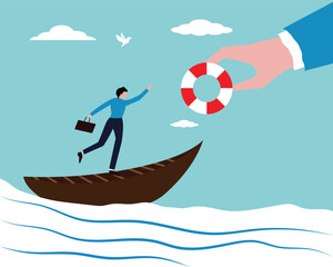 Rescue business from crisis, bankruptcy, businessman in a boat. Safe and security, support or assistance, Bankruptcy and government bailout symbol with businessman on paper boat. Businessman needs hel