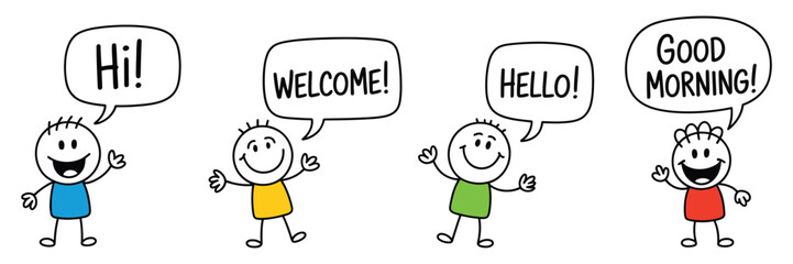 Naklejka premium Happy Stickman With Speech Bubble – Simple Greeting Character In Minimal Line Art Style Featuring Welcome, Hello, Hi, And Good Morning Messages, Clean Vector Illustration For Friendly Designs