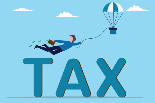Business man flying in the air, Overcome tax problem. Happy employee getting rid of burden of taxes. Business man jumping over tax messages. Business concept vector illustration.