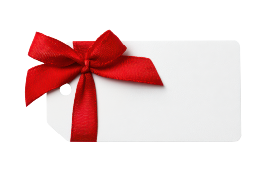 blank white christmas gift card or present name tag with red ribbon decoration isolated on white or transparent png