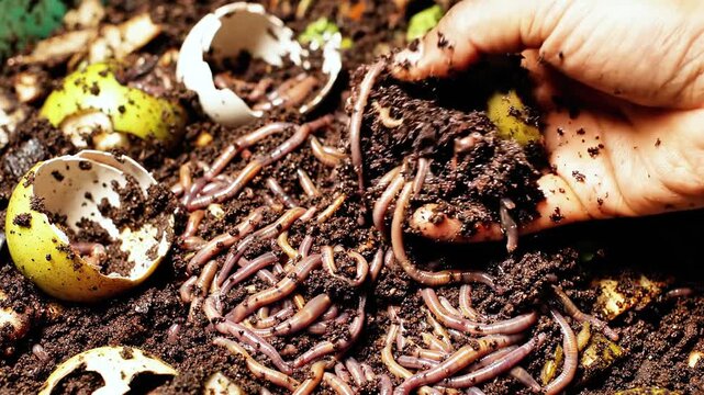 A close-up shows a hand in soil among earthworms, eggshells, and food scraps
