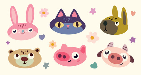 Set of cute cartoon animal faces. Baby animal portraits in the collection. Isolated hand drawn heads of rabbit, cat, dog, bear, cow, pig. Kids' pet characters. Vector illustration, design element.