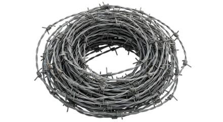 Rolled coil of barbed wire fencing material isolated on a stark black background