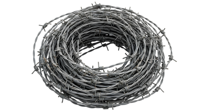 Rolled coil of barbed wire fencing material isolated on a stark black background