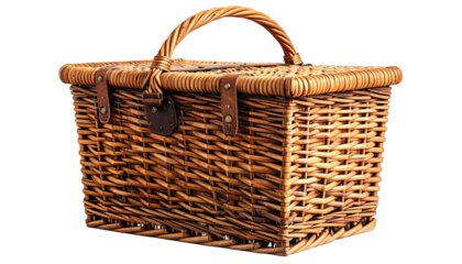 Woven basket with hinged lid and handle