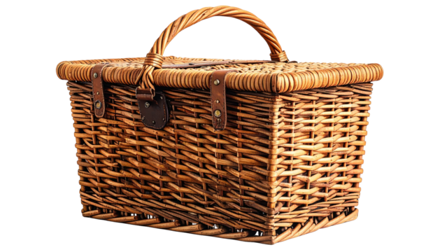Woven basket with hinged lid and handle