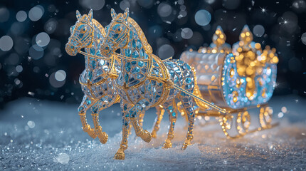 Happy New Year 2026. Symbol of the year. Horses pulling a sleigh with Santa Claus. A luxurious poster or banner for a party and New Year's Eve.