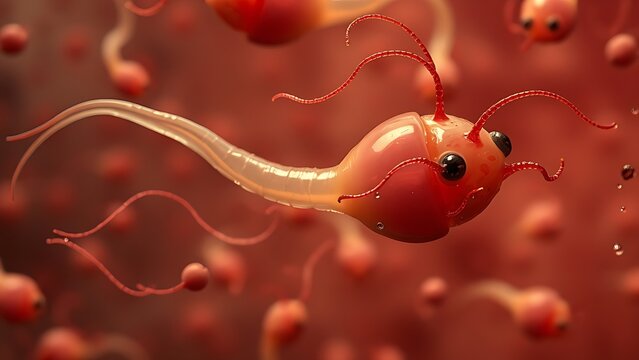 Microscopic view of decapitated sperm with parasite tendrils