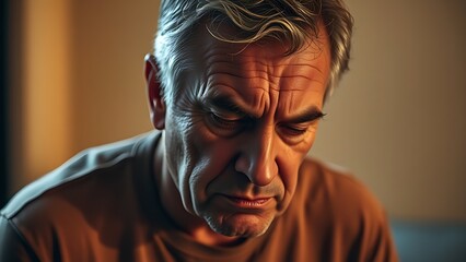 Middle-aged man with a strained expression, warm lighting highlighting his discomfort and tension.