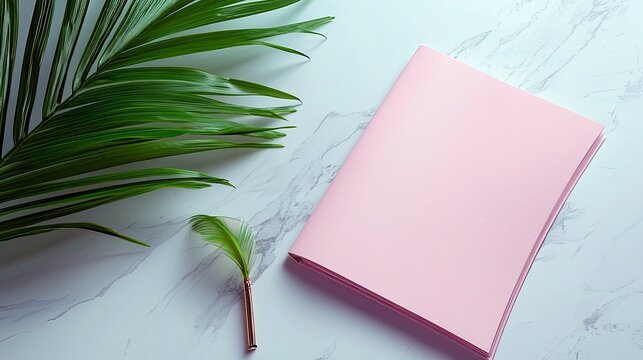 A pink notebook lies on a marble surface next to lush green palm leaves, creating a serene and natural composition.