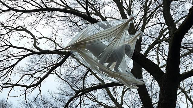 A spectral creature with canvas-like skin suspended between trees, embodying evolutionary enigmas.