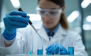 Scientist using pipette to add liquid to multiple transparent test tubes in laboratory setting. High quality