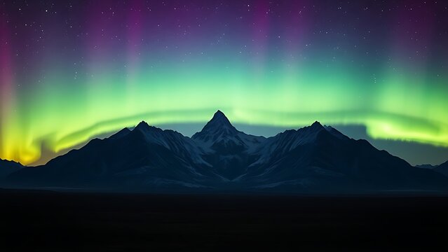 A majestic landscape under a starry night sky with flowing curtains of green and purple aurora over a mountain range.