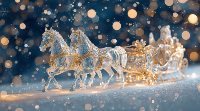 Happy New Year 2026. Symbol of the year. Horses pulling a sleigh with Santa Claus. A luxurious poster or banner for a party and New Year's Eve.