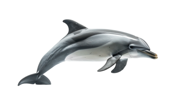 Dolphin leaping, silver-gray skin, dark background, lit
