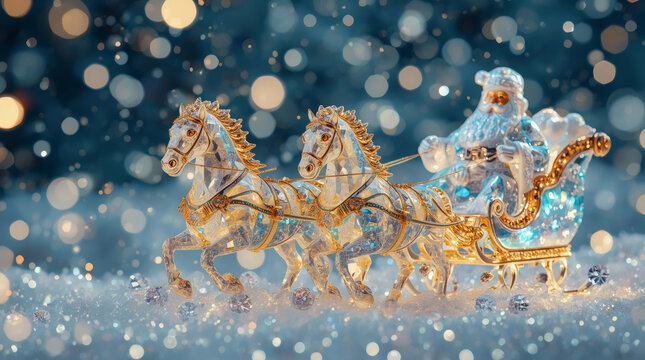 Happy New Year 2026. Symbol of the year. Horses pulling a sleigh with Santa Claus. A luxurious poster or banner for a party and New Year's Eve.