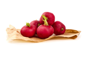 Fresh Radishes on Paper Bag, isolated on white background