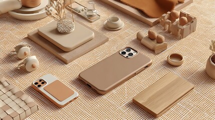 Earth-tone flatlay with phone cases and gadgets on soft grid layout