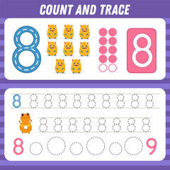 Count and trace number eight. Tracing worksheet wiht cute monster for kids. Math for preschool kids. Handwriting practice. Learning numbers, activity page. Vector illustration