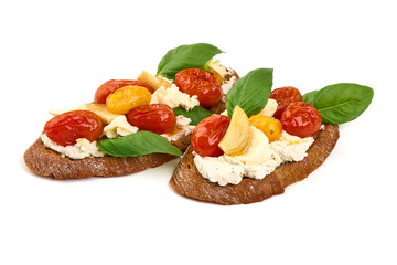Tomato Bruschetta with Ricotta and Basil, isolated on white background