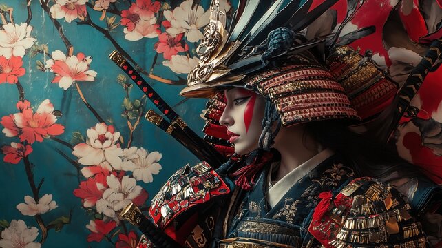 Illustration of a female samurai warrior in detailed Japanese armor, embodying the strength and rich cultural heritage of ancient Japan against a vibrant floral background