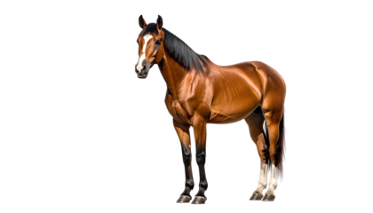Chestnut horse with a white blaze, isolated on black backdrop