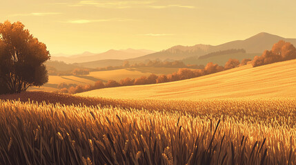 A beautiful landscape of an oat farm at golden hour, with rolling hills of ripe oats, the soft light reflecting off the grain, and distant mountains.