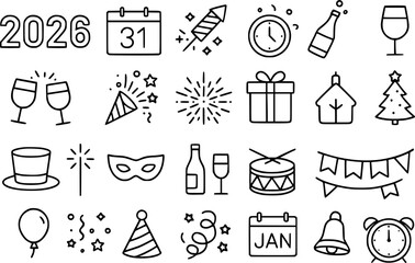 24 Minimalist icons, New Year theme, outline version
