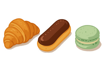 French pastry selection with croissant, chocolate eclair, and green macaron desserts