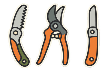Set of essential gardening tools including folding saw, pruning shears, and utility knife